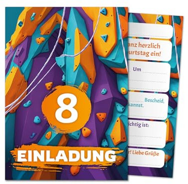12 Einladungskarten zum 8. Kindergeburtstag Mädchen Jungen Klettern Kletterpark coole bunte Einladungen achte Geburtstag