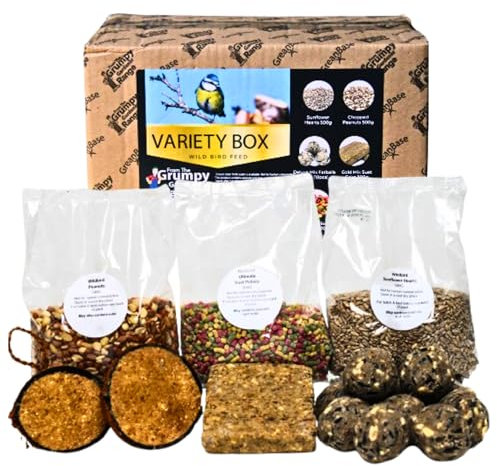 Grumpy Gardener Bird Food Variety Box - Fat Balls, Suet Pellets, Bird Peanuts, Sunflower Hearts, Suet Cakes, Nutpecker Prefilled Coconuts | High-Protein, Energy-Rich Wild Bird Feed, 3.25 Kg
