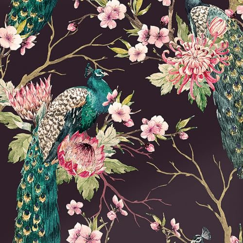 Decotalk Carta da Parati Adesiva Muro Floreale Pavone Verde E Fiore Di Pesco Stile Orientale 44.5X300cm Pellicola Adesiva Per Mobili Nero Fogli Di Carta da Parati Moderne Per Armadi Camera da Letto