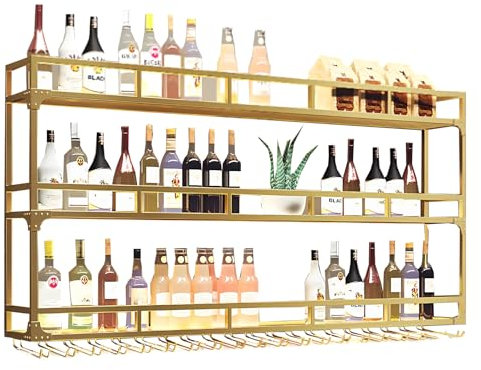 Portabottiglie da parete, portabicchieri da liquore industriale galleggiante a 3 livelli, grande espositore per bottiglie di vino in metallo, scaffale da appendere, Arredamento Casa (Oro, 180cm)