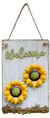TAIYOU White Wooden Welcome Sign with Rope 11 x 7.1 Inch Garden Gate Entrance Sign Wall Decor for Indoor Outdoor Front Door Porch Garden Office Iron Sunflower True Moss Decoration Gift Wall Art