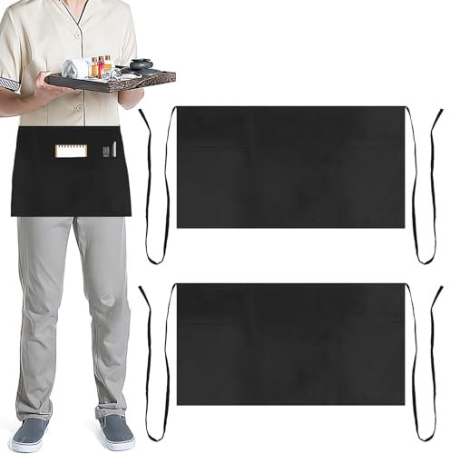 Maxmoc Kellnerschürze Kurz,2 Stück Kellner Schürze Schwarz Unisex,60 * 30cm Schürze Kinder mit 3 Taschen für Koch Kellner Bäcker