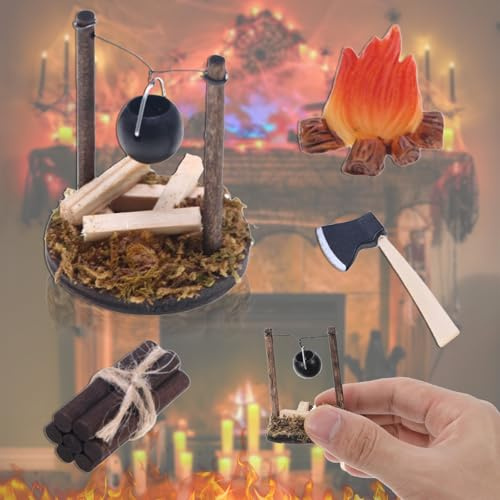 WiDream 4 Pièces Feu de Camp Miniature, Accessoires Jardin de Maison de Poupée avec Un Feu de Joie, Un Poêle, Une Hache, Un Feu de Feu, Maison de Miniature avec Feu de Camp pour Décoration de Noël