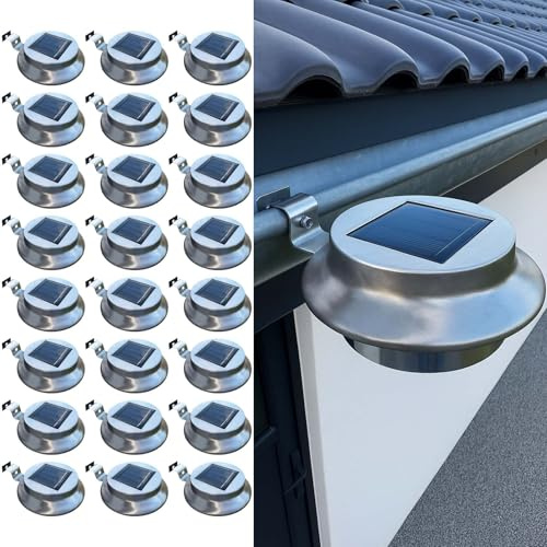 Solar Dachrinnenleuchten 24er Set Edelstahl LED Warmweiß IP44 Außen Garten | BURI Dämmerungssensor, wetterfest, Zaunbeleuchtung, Gartenleuchten, Solarbetrieb, energiesparend, Terrasse, Außen