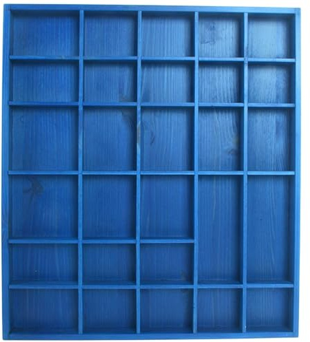 WooDeeDoo Wooden 28 Compartments Display Trinkets Shelf - Hand-Stained - Blue - Matt - Multi Sections Wall Keepsakes Rack Miniatures Crystals Decorative Cabinet - 45 x 40 x 3.5 cm
