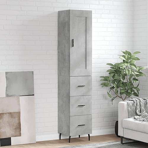 ULUYYUC Meuble de Rangement Cuisine Buffet Salon Haut Gris béton 34,5x34x180 cm Bois d'ingénierie et métal Design Moderne Grand Volume Salle à Manger Cuisine Salon Bureau