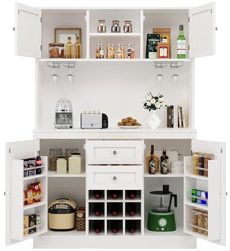 xixiworkshop Küchenschrank 120x40x188cm, 4 Lagerschränken/2 Schubladen | Kommode Buffetschrank verstellbaren Ablagen & Weinglasböden und Weinregale, Hochschrank Küchenbuffet, Wohnzimmer, Weiß