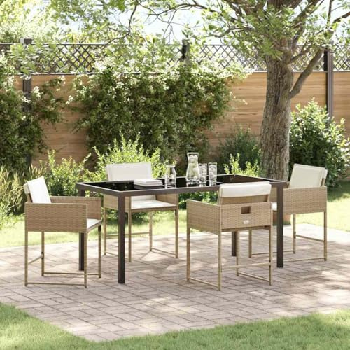 RMIHSJG Garten Essgruppe 5-teilig Beige Poly-Rattan Esszimmergarnitur mit Kissen und Glastisch für Terrasse Dieses Moderne 5-teilige Garten-Essset in Beige aus strapazierfähigem