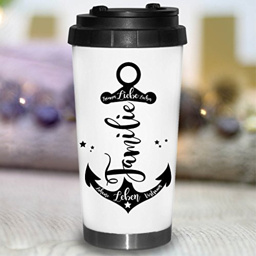 Wandtattoo-Loft® Bedruckter konischer Edelstahl Thermobecher Maritimer Anker bestehend aus Schriftzügen Familie/Becher/Thermobecher mit Motiv und Spruch/Anchor