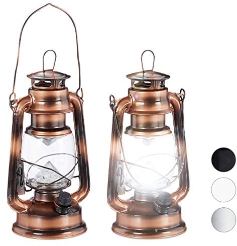Relaxdays 2 x Sturmlaterne LED, Retro Sturmlampe als Fensterdeko oder elektrische Gartenlaterne, batteriebetrieben, Kupfer