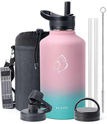 Insulated Water Bottle 2L, BUZIO Insulated Water Bottle with Straw Lids, Half Gallon Canteen Metal Thermo Mug Metal Bottle, Double Vacuum Hot Cold Water Bottles,Bubble Gum