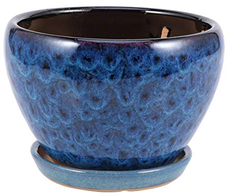 Cabilock 1ensemble Cache-Pot Céramique avec Plateau Pot à Fleurs Unique pour Décoration Intérieure Bureau Et Maison Bleu Paon