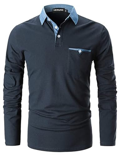 LIUPMWE Mens Casual Long Sleeve Polo Shirts with Pocket Cotton Denim Collar Golf Tops,Blue-YT01,XL