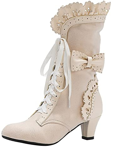 Kenmeko Stivali Stivaletti Donna Scarpe Invernali Trekking Outdoor Caldo Stivali Scarpe Donna Inverno Stivali con Tacco Alto Fiocco Tacchi Caldi in Peluche Inverno (38,Beige)
