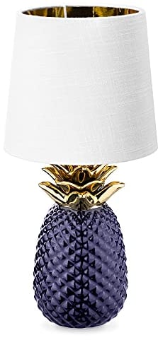 Navaris Tischlampe im Ananas Design - 35cm hoch - Deko Keramik Lampe für Nachttisch oder Beistelltisch - Dekolampe mit E14 Gewinde in Violett-Weiß