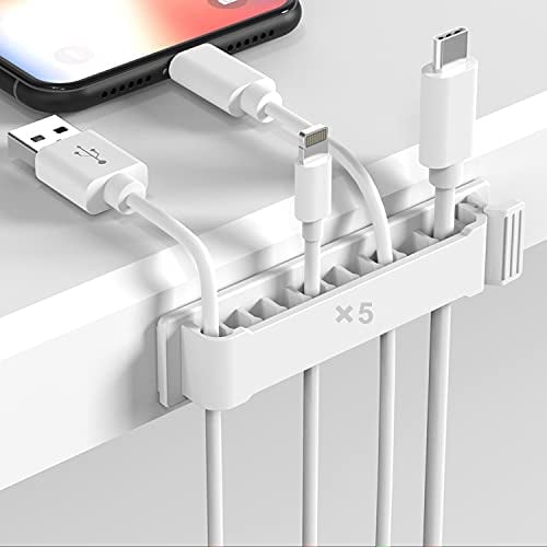 Luvadeyo Cable Holder Cable Clips, Pack of 5 Cable Organiser Set with Two Sizes Slots, Multi-Purpose Cable Holder Self-Adhesive, Cable Clips for Power Cable, USB Charging Cable, PC Cable, White