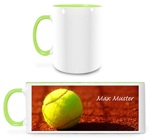 Manutextur Tasse mit Namen - personalisiert - Motiv Tennis 01 - viele Farben & Motive - weiß/hellgrün - persönliches Geschenk mit Wunsch-Motiv und Wunsch-Name