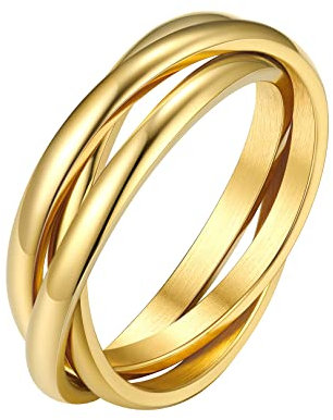 FOCALOOK 18K Gold Plated Triple Rings for Women Minimalist Interlocked Rolling Bands Stainless Steel Russian Wedding Ring Size Q