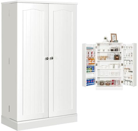 COSTWAY Armoire de Cuisine 2 Portes avec 16 Étagères, Meuble Cuisine Rangement avec Dispositif Anti-Renversement, Buffet pour Salle à Manger, Salon, Blanc