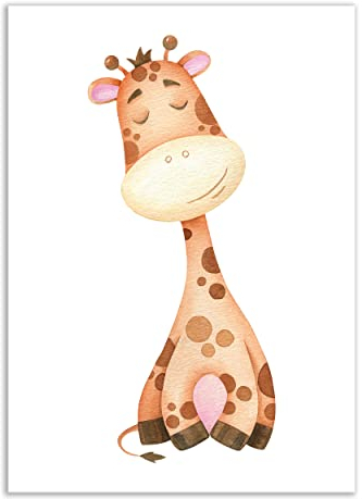 Presentou Tierbilder Kunstdruck | Kinderzimmer Poster Wandbilder Deko | süß gemalt Wasserfarb-Look | Wald Afrika Safari | DIN A4 Premiumpapier (Einzelbild - Giraffe)