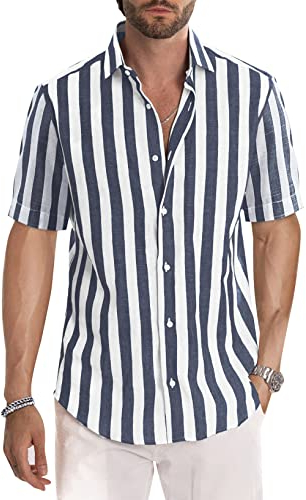 Meilicloth Men's Short Sleeve Shirts Summer Striped Casual Shirt Button Down Regular Fit Tops, Top for Long Lasting Comfort Blue