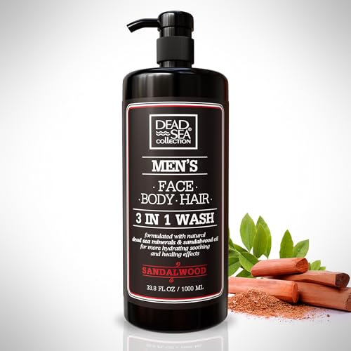 Dead Sea Collection Mens Shower Gel 3 in 1 with Sandalwood Oil and Dead Sea Salt - Body Wash, Shampoo for Men, Face Wash (1000 ml.)