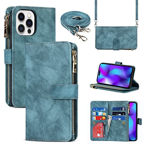 Cavor Compatible with iPhone 14 Pro Case With Card Holder With Strap,Flip Leather Crossbody Women Wallet Case,[9 Card Holders][2 Lanyards],Cover Phone Case Compatible with iPhone 14 Pro - Light Blue