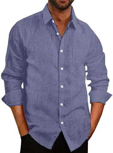 COOFANDY Linen Shirts Men Long Sleeve Casual Summer Business Formal Plain with Pocket Fashion Blue L