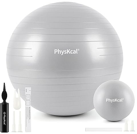PhysKcal 75cm Grey Dicker Gymnastikball und 23 cm Pilatesball Set, Anti Burst Gymnastikball, Anti-Rutsch-Sitzball, Balanceball, Yogaball für Zuhause, Fitnessstudio und Büro