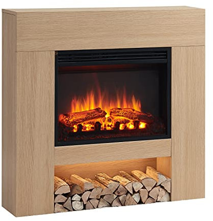FLAMME 37 Beadell Electric Fireplace Suite Natural Oak Colour Includes 2000w Heater with Glass Fronted Flame Effect, Remote Control