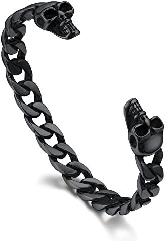 Bandmax Schädel Armreif Offene Armspange Edelstahl Armband Herren Skull Cuban Link Armband Totenkopf Armband im Schwarz Freundschaftsarmband Biker Punk Gothic Schmuck