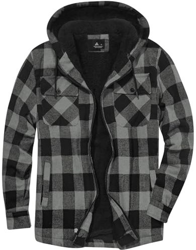 JACKETOWN Giacca Uomo Invernale Scacchi Felpa Fodera in Pile con Cappuccio e Cerniera Caldo Manica Lunga Termica Fleece Giubbino Uomo Cappotto, (Grigio scuro-M)