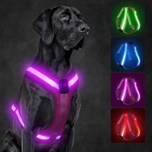 KOSKILL LED Hundegeschirr Wiederaufladbares Beleuchtetes Hundegeschirr Leuchtet Im Dunkeln LED Hundeweste Reflektierend Hundelichter für Nachtspaziergänge (Rosa, XL)