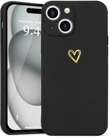 Wirvyuer for iPhone 15 Case Cute Heart Pattern Soft Shockproof Protective Silicone Phone Case for Women Girls, Black