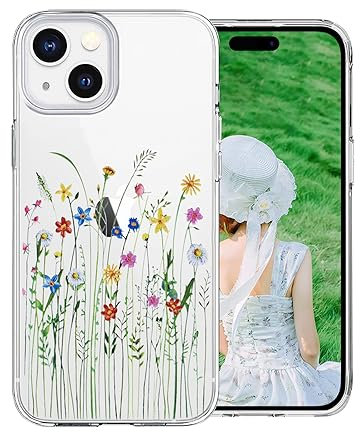 DiyGody Floral Flower Case for iPhone 15 Clear with Cute Green Wild Flowers Pattern for Women Girls, Thin Slim Soft Silicone TPU Bumper Protection Cover Compatible for iPhone 15 6.1”