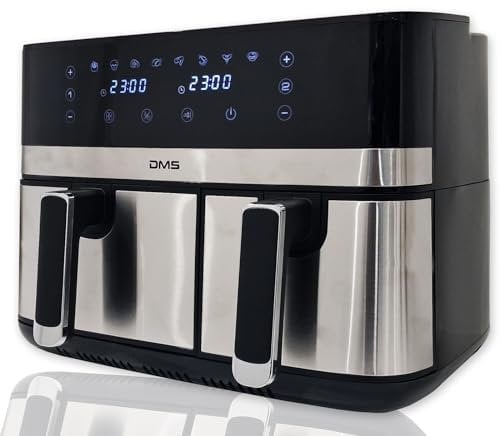 DMS® 10L Doppelkammer-Heißluftfritteuse | 6/4 L Fassungsvermögen | zwei unabhängige Schubladen | 8 automatische Programme | energiesparend | Schwarz Fritteuse Heißluft Ofen Digitale Fritteuse