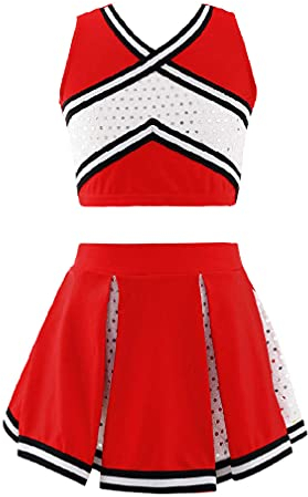 MSemis Cheer leader Kostüm Kinder Mädchen Cheerleading Uniform Cheerleadingkleid/Ärmellos Crop Top mit Minirock Halloween Tanzkostüm K Rot 164