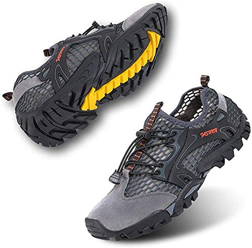 VTASQ Herren Wanderschuhe Sportsandale Outdoor Sommer Hiking Sandale Atmung Mesh Trekkingschuhe Leichte Barfußschuhe Anti-Rutsch Atmungsaktiv Schnell Trocknend Grau 44 EU