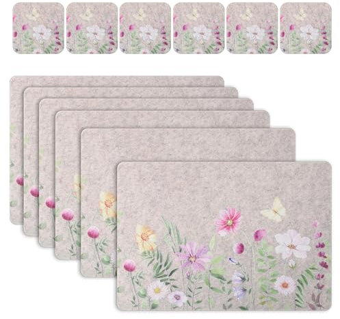 Casaido Tischset Filz runde platzsets,6er Pischsets Filz,6er Filzuntersetzer,Platzdeckchen,Tischsets Platzsets Abwaschbar,Platzset Beige
