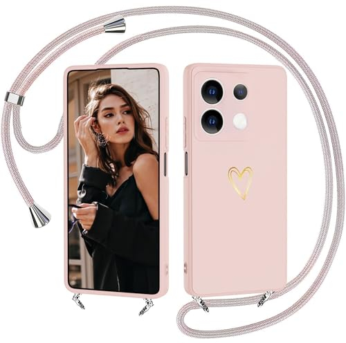 IBETEK Funda con Cuerda para Xiaomi Redmi Note 13 Pro 5G Carcasa, Suave Silicona Líquida Case con Ajustable Collar Correa de Cuello Cordón Anti-Choque Funda Colgante-Rosado