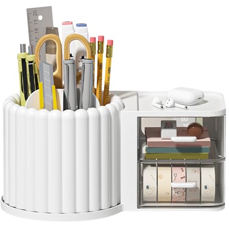 Jadin Desk Organiser, 360 Degree Rotating Pen Pencil Holder with 2 Compartments, Multifunctional Pen Pots Makeup Brushes Holder Desktop Stationary Storage for Home Office Desk Tidy (23.5 x 13 cm)