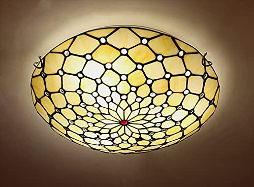 ITOSUI Tiffany Flush Mount Ceiling Light Stained Glass Bowl Light Fixture Art Glass LED Ceiling Lamp Mediterranean Beige Chandelier with Bead for Corridor Bedroom Living Room, 12