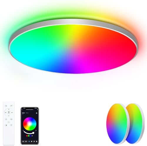 Led Deckenlampe Dimmbar mit Fernbedienung, [2 Stücke] 24W 16 Millionen RGB Farbwechsel Smart led Deckenleuchte Steuerbar via App, 2400LM Deckenbeleuchtung Ø30CM Lampe für Wohnzimmer Schlafzimmer, Weiß