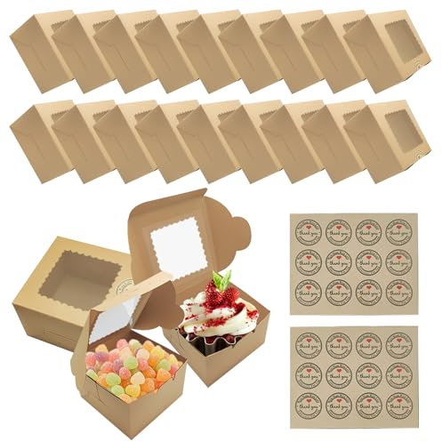 18 Pcs individual cupcake boxes,Single Cupcake Boxes,cake boxes for portions with Windows and 24 Stickers Kraft Candy Boxes for Cupcakes,Cookies Small Cakes Candy,Wedding Birthday Party Favors (Brown)