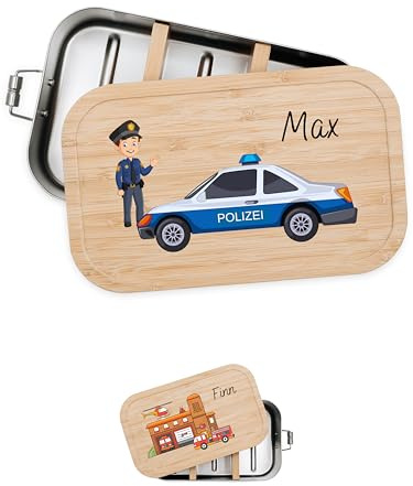 Bärenfreunde Personalisierte Brotdose Edelstahl, Kinder Lunchbox | Vesperdose personalisiert mit Namen, Brotzeitbox Holz mit Fächern und Holzdeckel, Bambus Jausenbox, Kita, Dino, Traktor