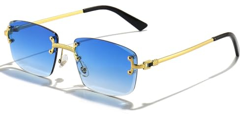EnteLE Kleine rechteckige Sonnenbrille für Herren und Damen, randlose Sonnenbrille mit Verlaufsgläsern aus Metall für Herren, UV400, C01 Gold Wave Blue, As