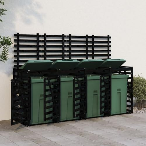 Bulliing Quadruple Wheelie Bin Storage Black Solid Wood Pine,Garden Wheelie Bin Hideaway Waste Bin,Storage Shed w/Locking Doors Assisted lift up Lid easy use Outdoor Hygienic Dustbin Unit Cover Steel