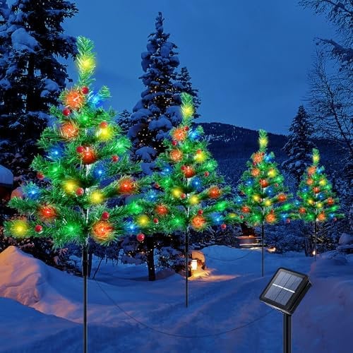 Qoosea Sapin de Noël avec Guirlande Lumineuse Solaire 4 Décoration de Noel 8 Modes 80LED Lumières 2 Paquet Baies Rouges Solaire Lumières de Noël Arbres de Noël Solaire pour Extérieure Jardin Chemin