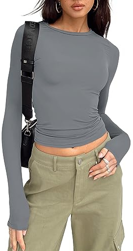 LACOZY Womens Going Out Tops Teen Aesthetic Clothes Basic Long Sleeve Tops Slim Fit Tee Shirts Light Grey S