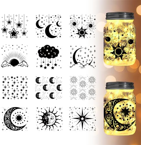 BEUNITONE 12 pcs Star Cut Silhouettes Moon Silhouettes Mason Jar Cutouts Sun Cutouts Decals Cloud Light Shadow Paper Moon Paper-Cut Cardboard Lantern Cutouts Ornaments for Party